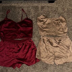 Red and Tan Satin Sleepwear Set